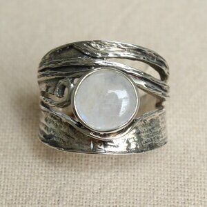 Moonstone Sterling Silver 925 INDIA YS Openwork Textured Band Ring Size 10